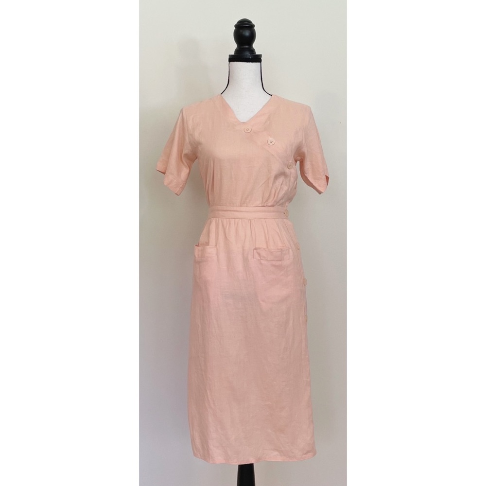 Vintage 80s Linen Button Wrap Dress - Picture 2 of 7